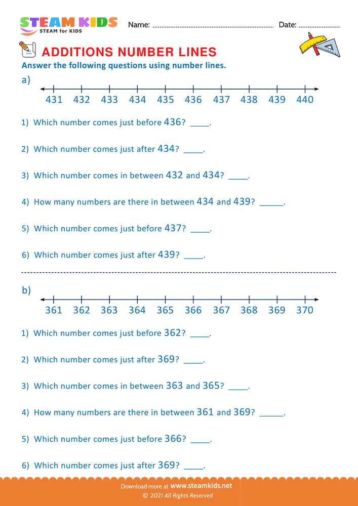 Free Math Worksheet - Additions using number lines - Worksheet 8