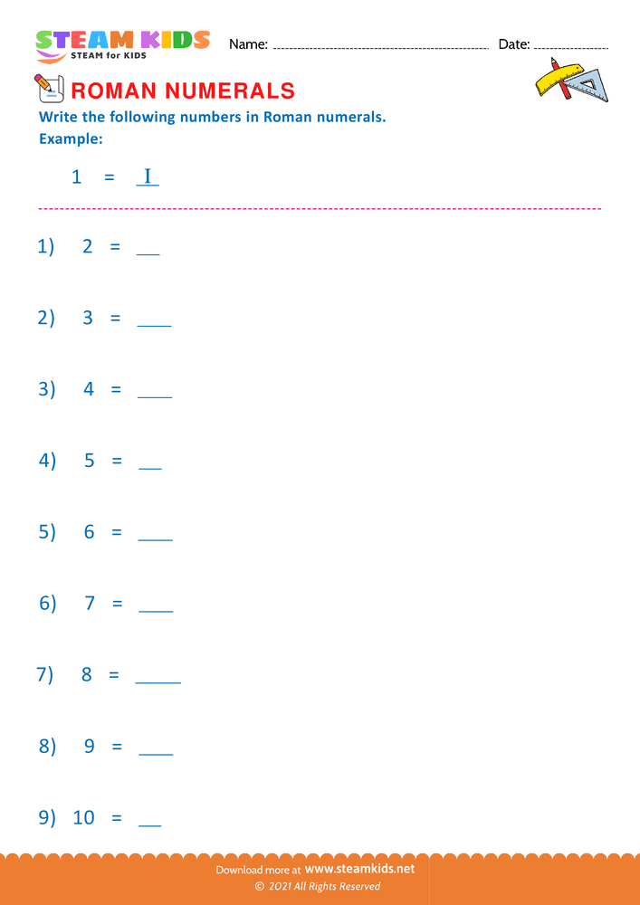Free Math Worksheet - Roman numerals - Worksheet 1