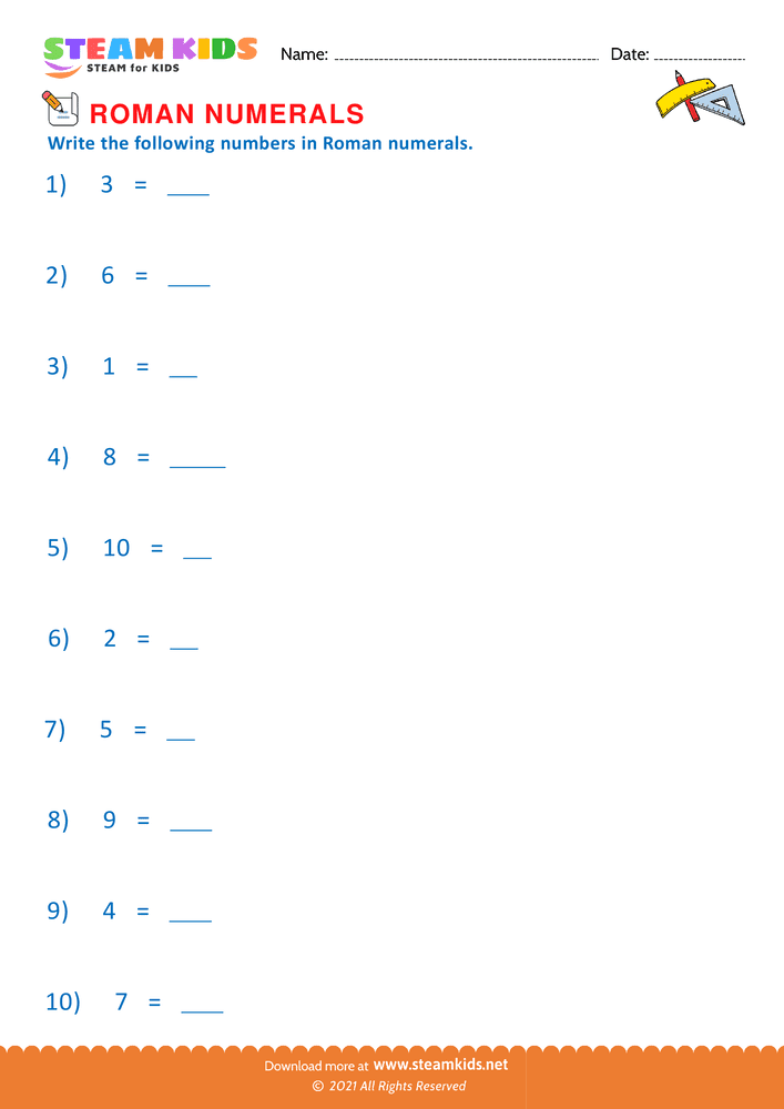Free Math Worksheet - Roman numerals - Worksheet 2