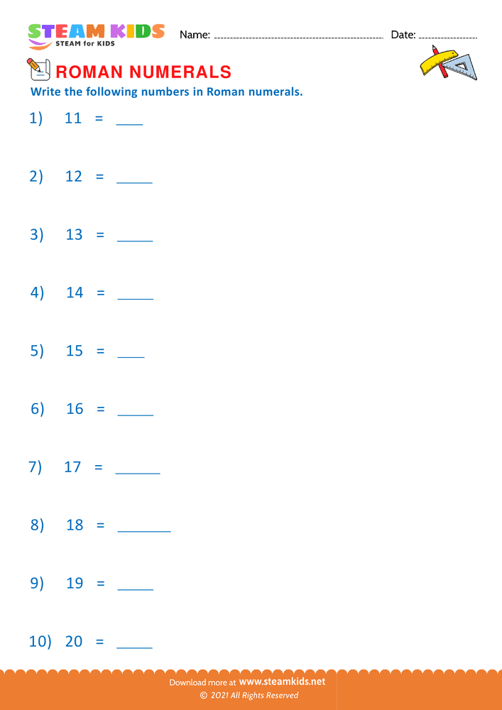 Free Math Worksheet - Roman numerals - Worksheet 3