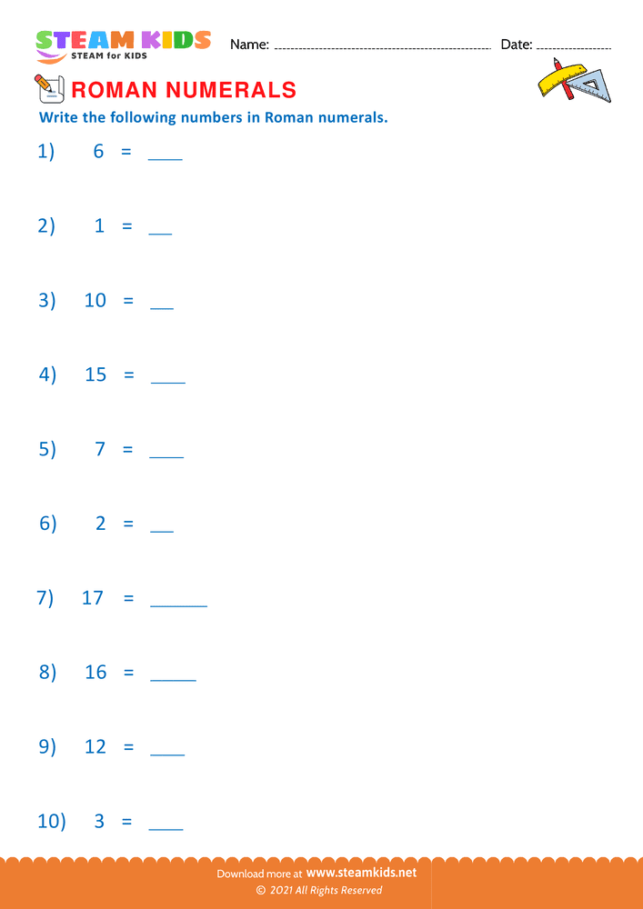 Free Math Worksheet - Roman numerals - Worksheet 7