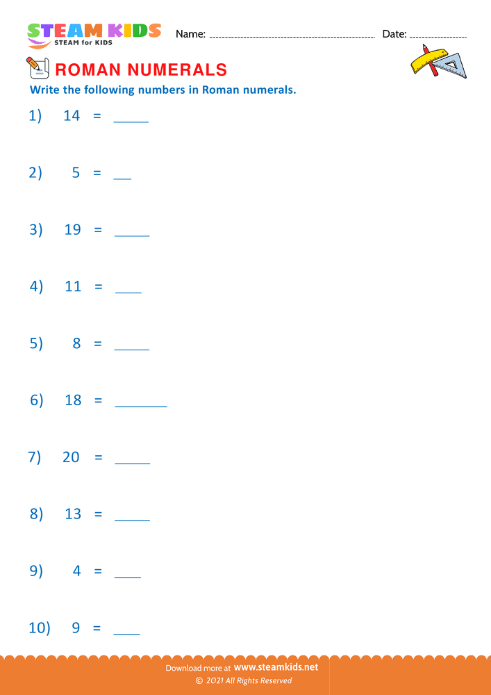 Free Math Worksheet - Roman numerals - Worksheet 8