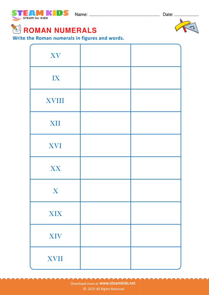 Free Math Worksheet - Roman numberals to figures - Worksheet 4