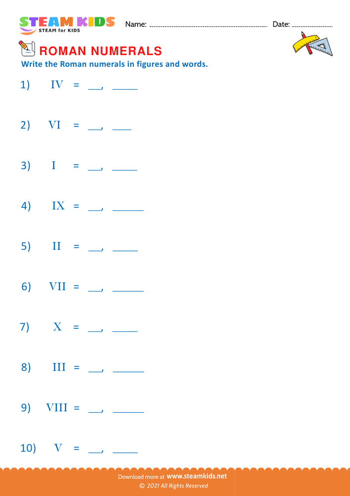 Free Math Worksheet - Roman numberals to figures - Worksheet 5