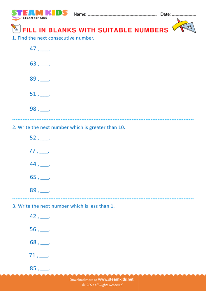 Free Math Worksheet - Fill the missing number - Worksheet 1