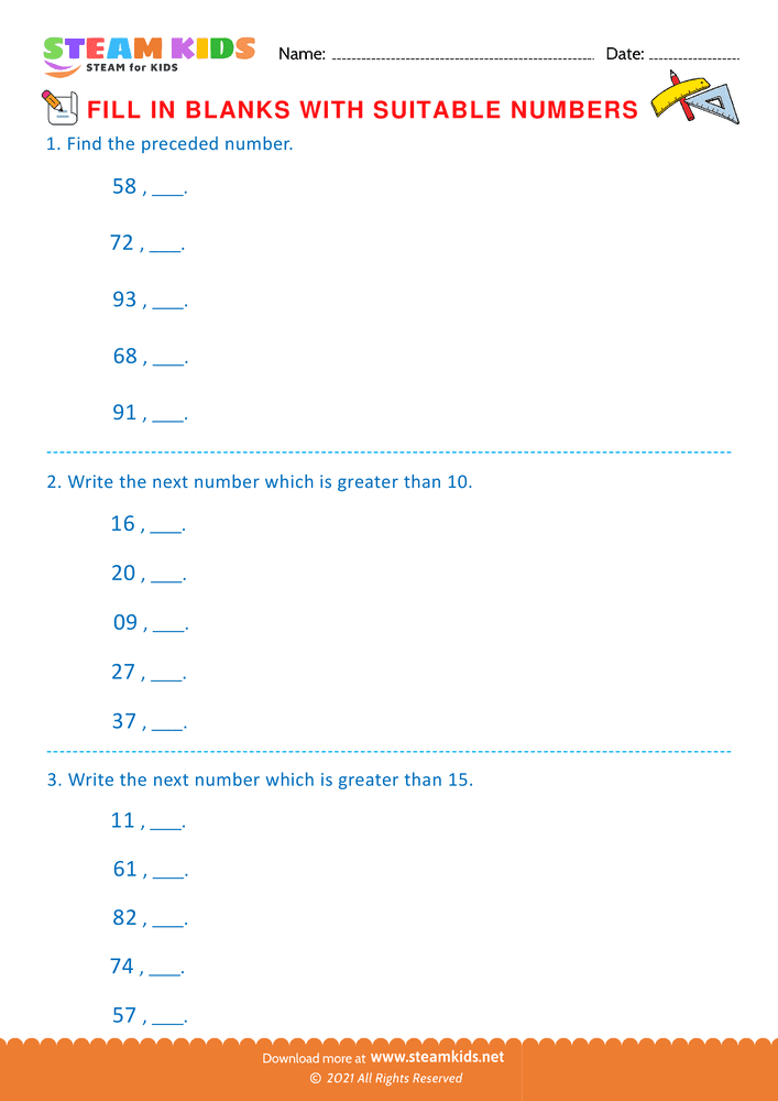 Free Math Worksheet - Fill the missing number - Worksheet 2