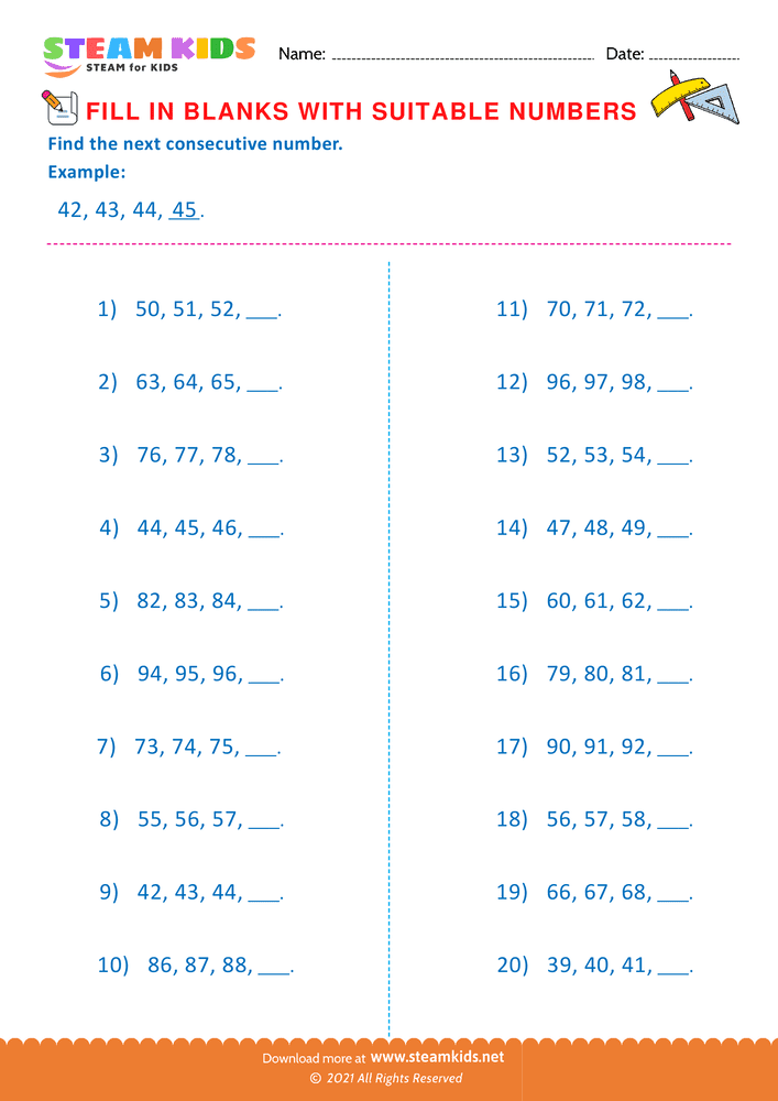 Free Math Worksheet - Fill the missing number - Worksheet 3