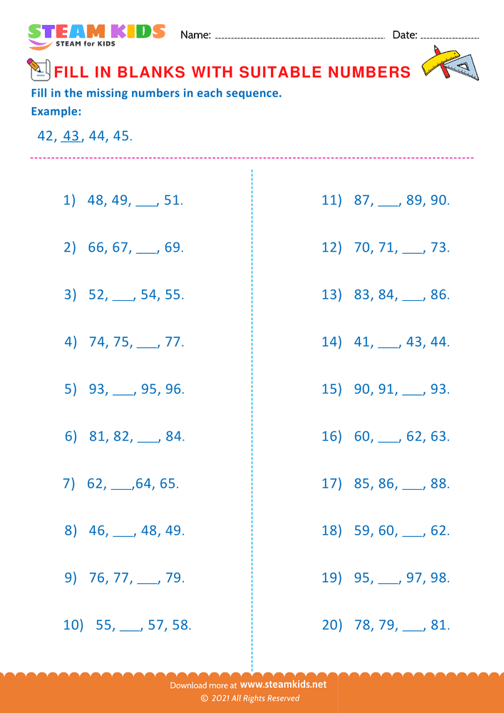 Free Math Worksheet - Fill the missing number - Worksheet 4