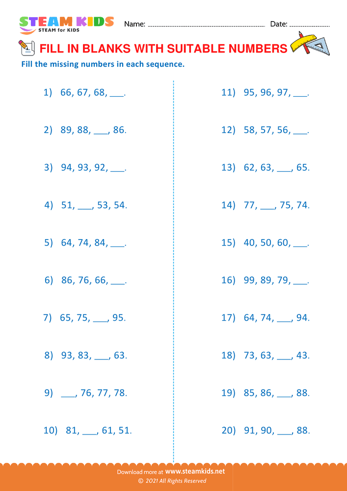 Free Math Worksheet - Fill the missing number - Worksheet 8