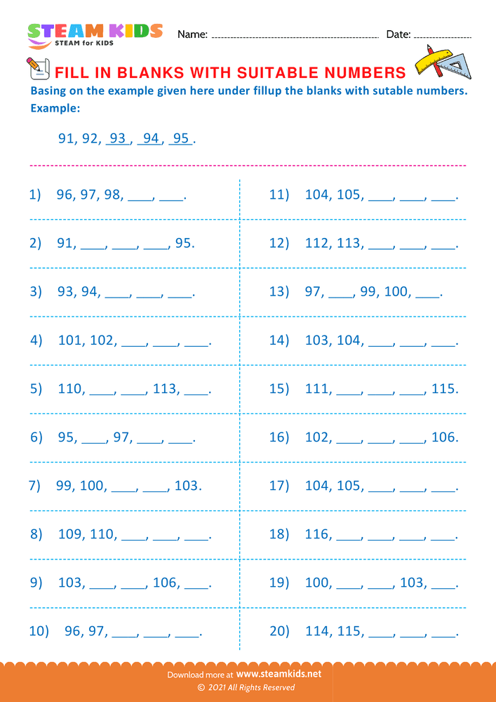 Free Math Worksheet - Fill the missing number - Worksheet 9