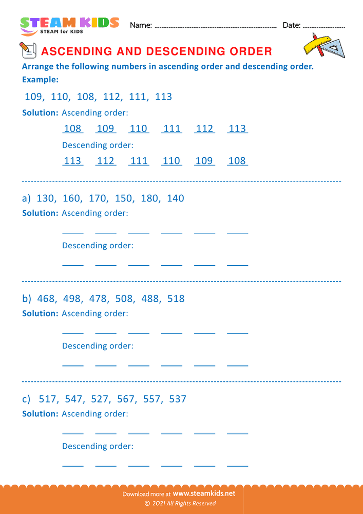 Free Math Worksheet - Ascending and Descending Order - Worksheet 1