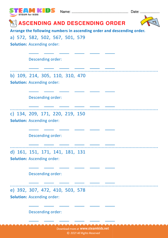 Free Math Worksheet - Ascending and Descending Order - Worksheet 4