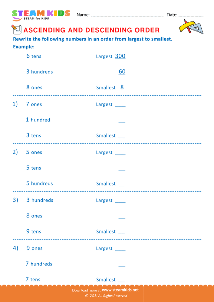 Free Math Worksheet - Ascending and Descending Order - Worksheet 6