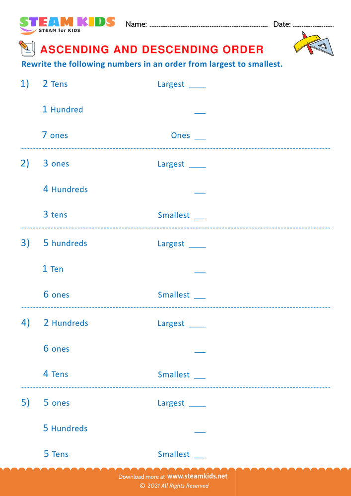 Free Math Worksheet - Ascending and Descending Order - Worksheet 9