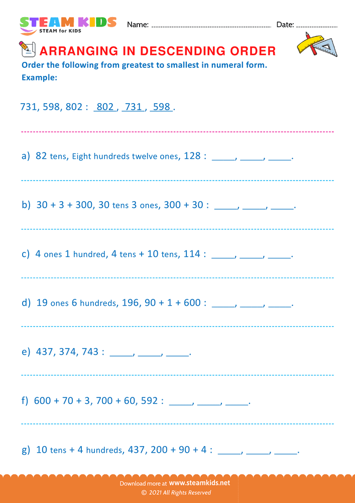 Free Math Worksheet - Formation of Descending Order - Worksheet 1