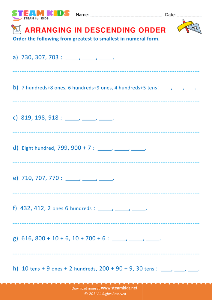 Free Math Worksheet - Formation of Descending Order - Worksheet 2