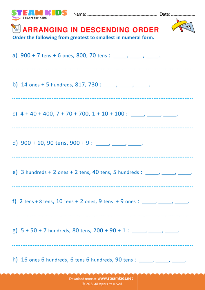 Free Math Worksheet - Formation of Descending Order - Worksheet 3