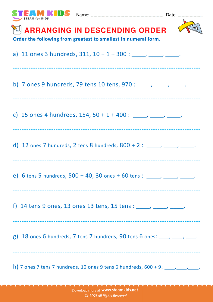 Free Math Worksheet - Formation of Descending Order - Worksheet 5