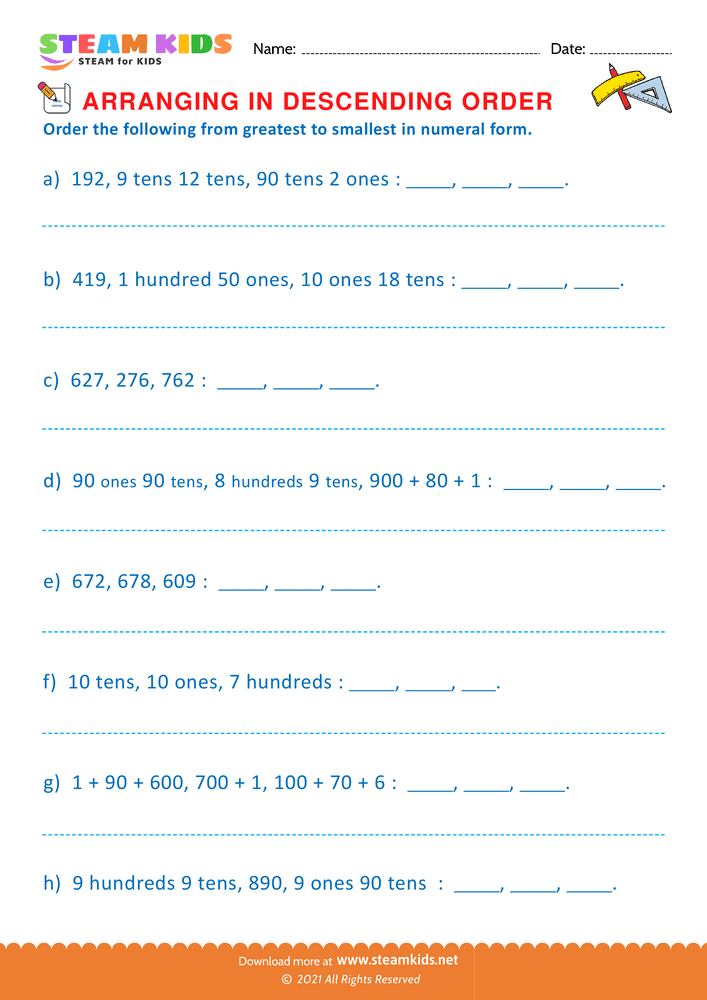 Free Math Worksheet - Formation of Descending Order - Worksheet 6