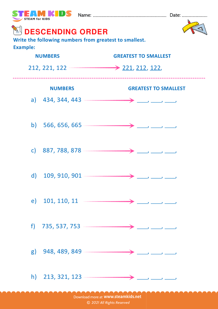 Free Math Worksheet - Ascending Order - Worksheet 1