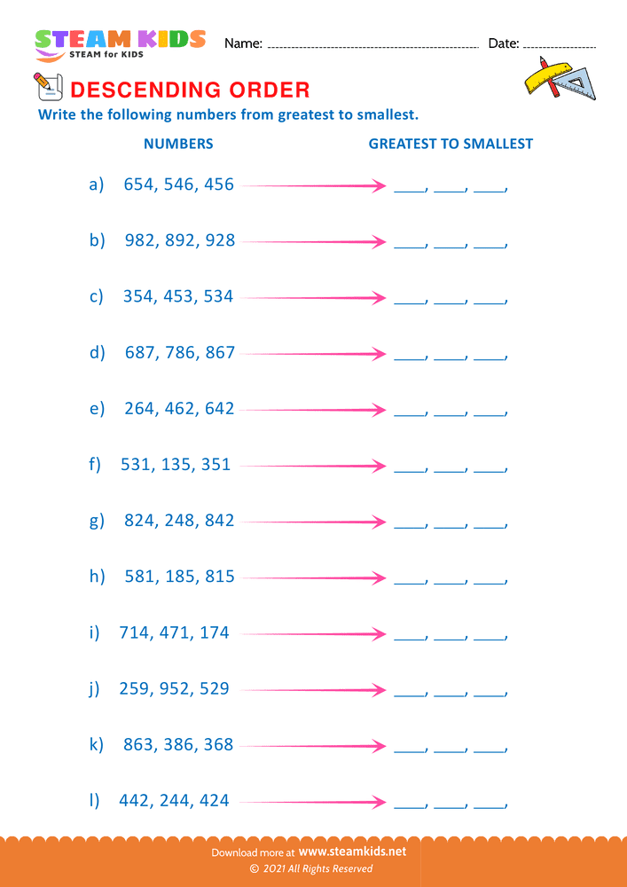 Free Math Worksheet - Ascending Order - Worksheet 2
