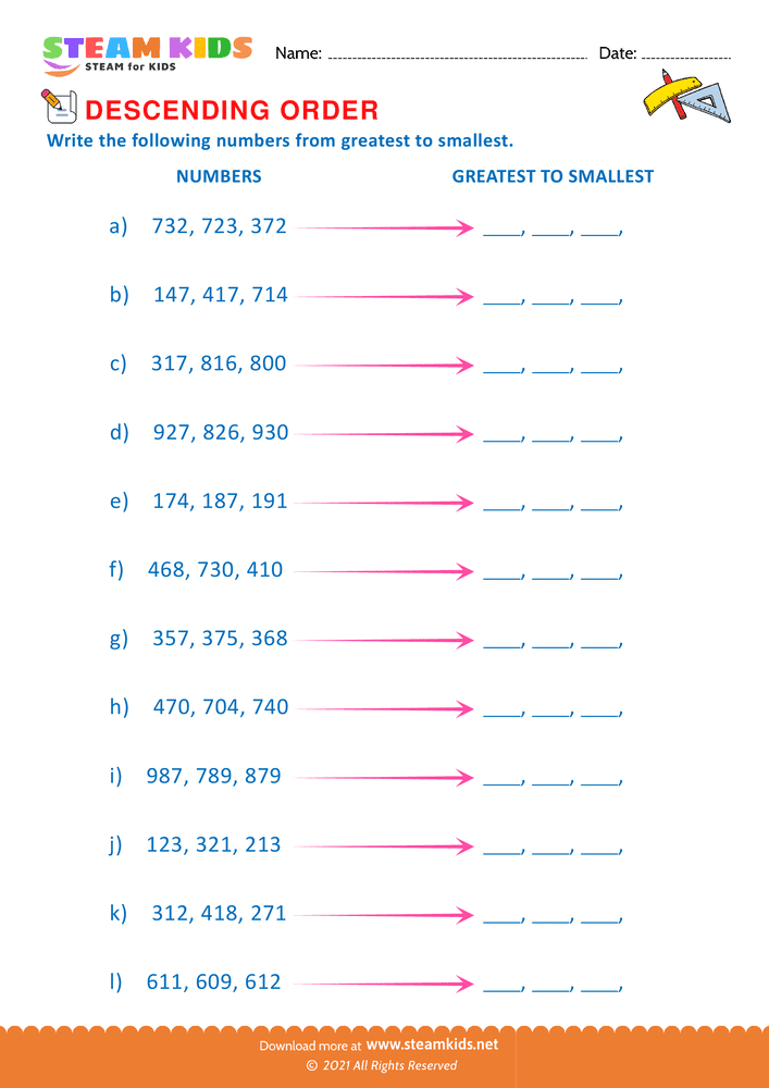 Free Math Worksheet - Ascending Order - Worksheet 4