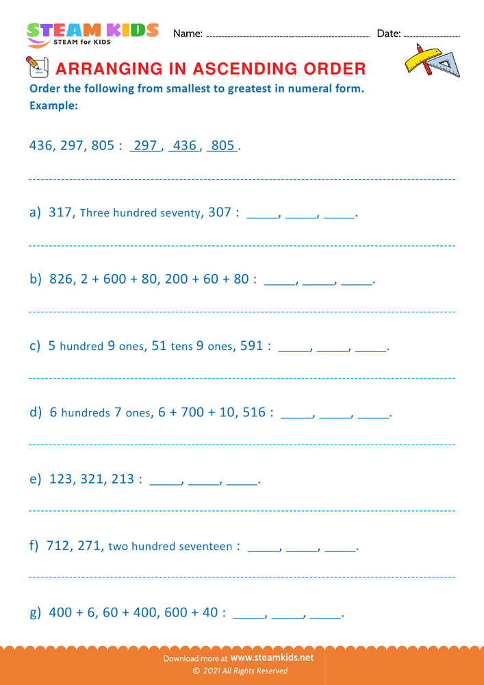 Free Math Worksheet - Formation of Ascending Order - Worksheet 1