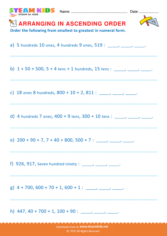 Free Math Worksheet - Formation of Ascending Order - Worksheet 2