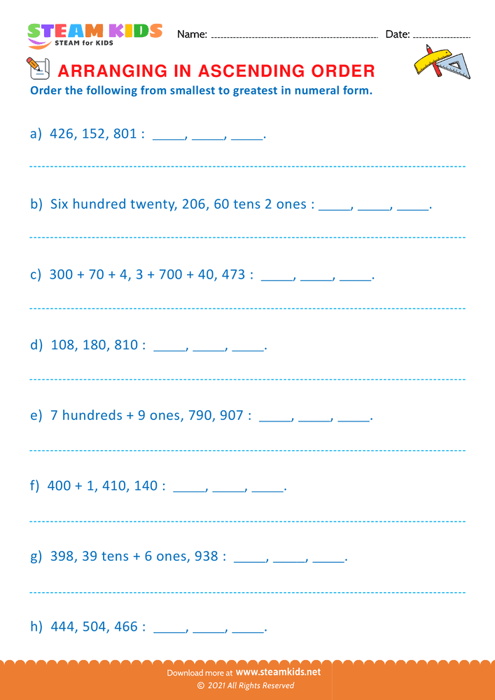 Free Math Worksheet - Formation of Ascending Order - Worksheet 3