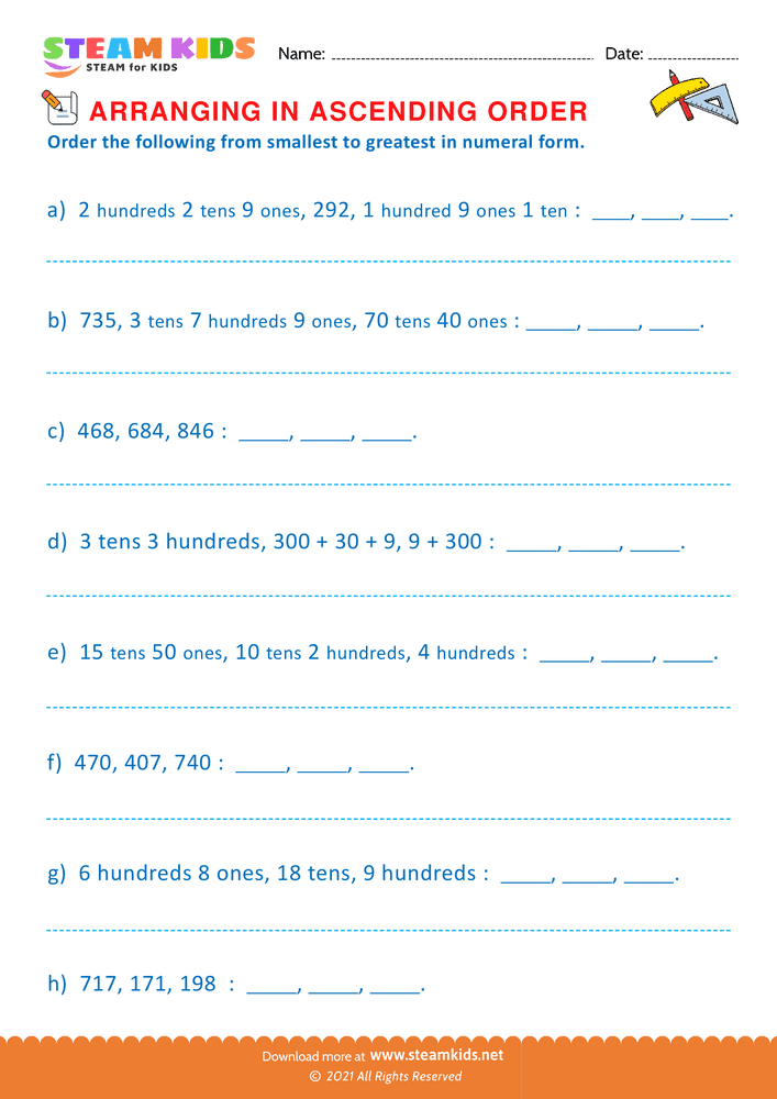 Free Math Worksheet - Formation of Ascending Order - Worksheet 4