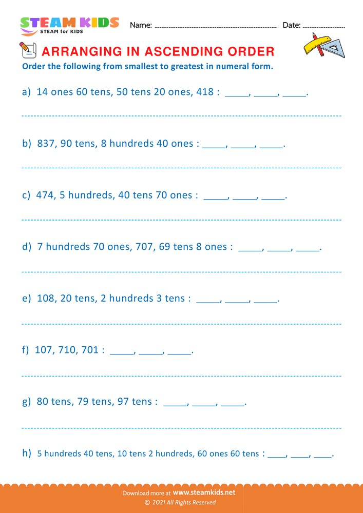 Free Math Worksheet - Formation of Ascending Order - Worksheet 6