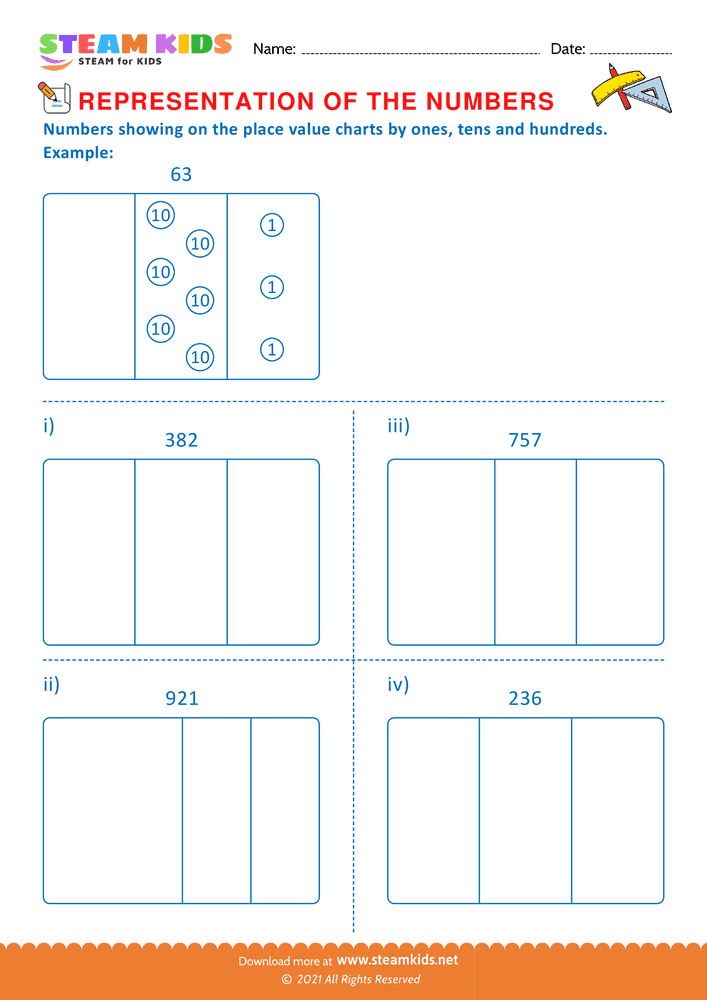 Free Math Worksheet - Numbers on the place value chart - Worksheet 1