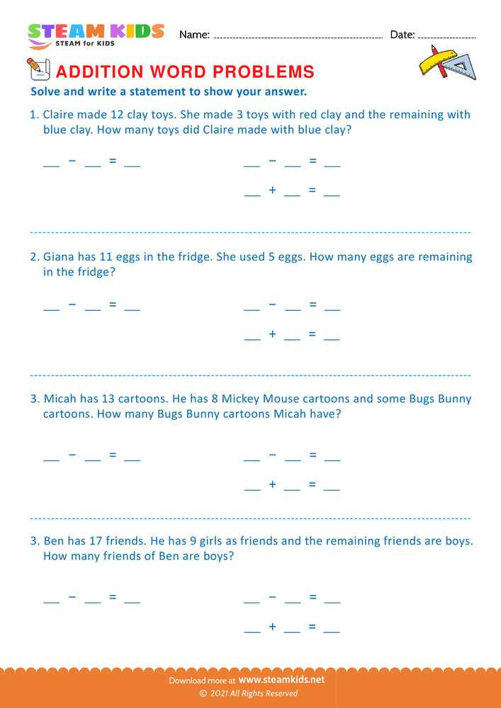 Free Math Worksheet - Word problems - Worksheet 14