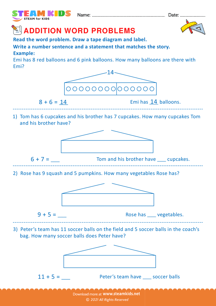 Free Math Worksheet - Using tape diagram - Worksheet 1