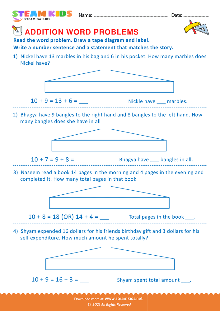 Free Math Worksheet - Using tape diagram - Worksheet 2