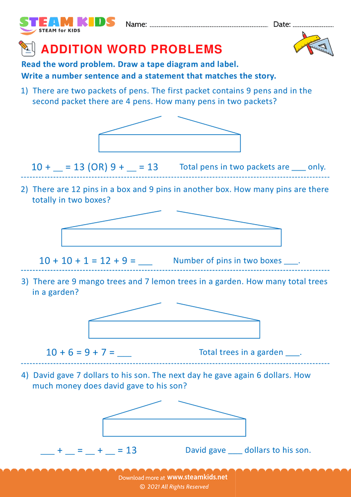 Free Math Worksheet - Using tape diagram - Worksheet 3