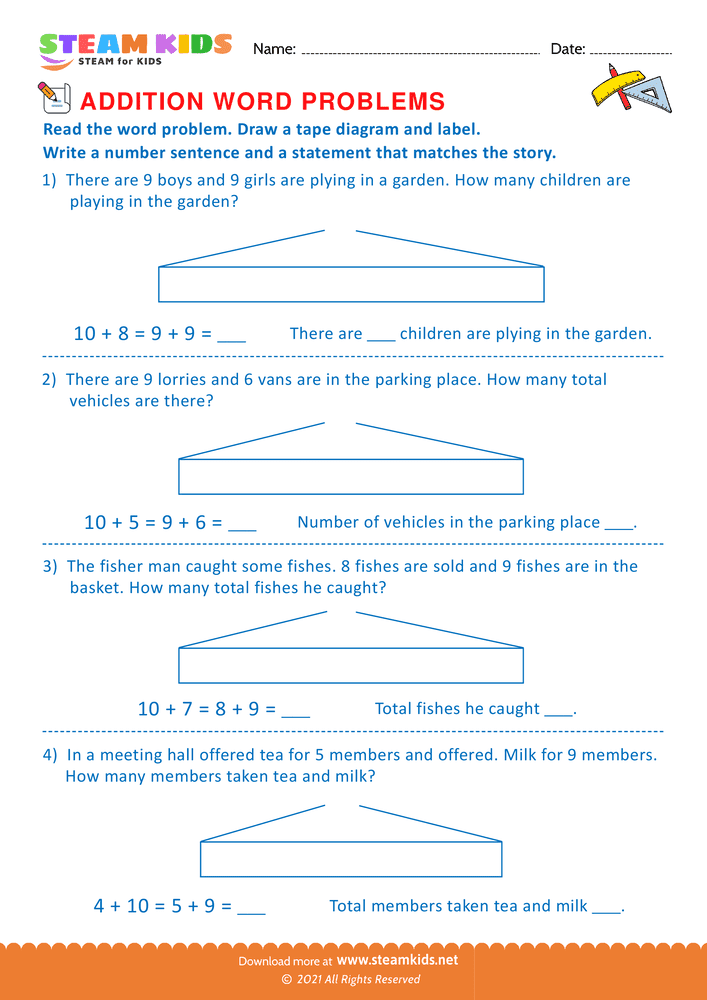 Free Math Worksheet - Using tape diagram - Worksheet 4