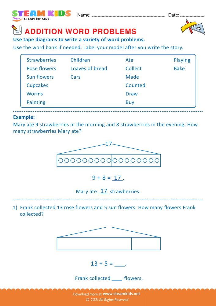 Free Math Worksheet - Using tape diagram - Worksheet 5