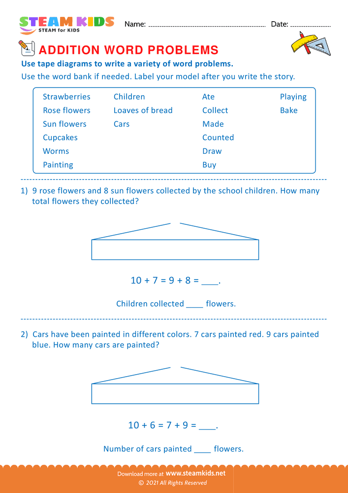 Free Math Worksheet - Using tape diagram - Worksheet 6