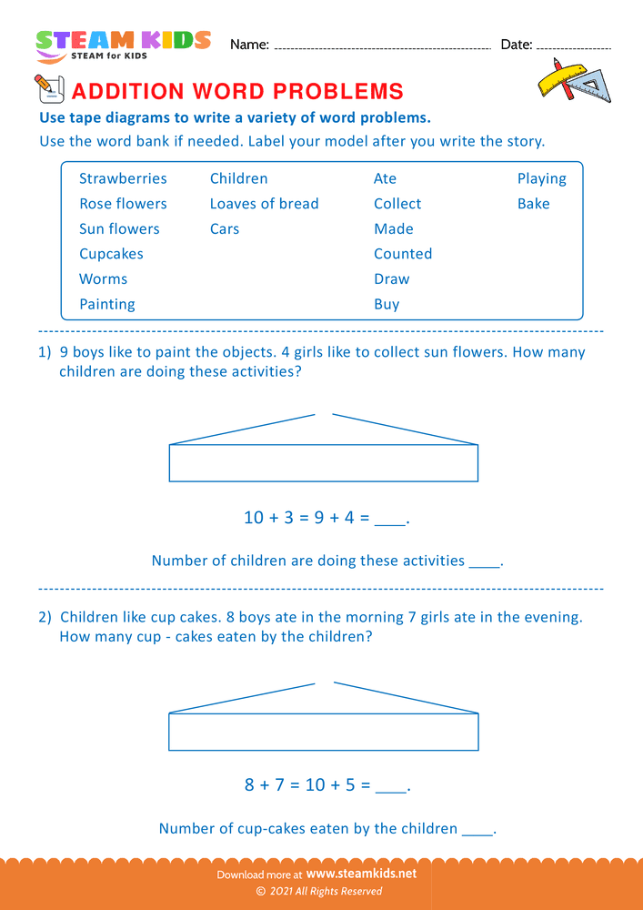 Free Math Worksheet - Using tape diagram - Worksheet 7