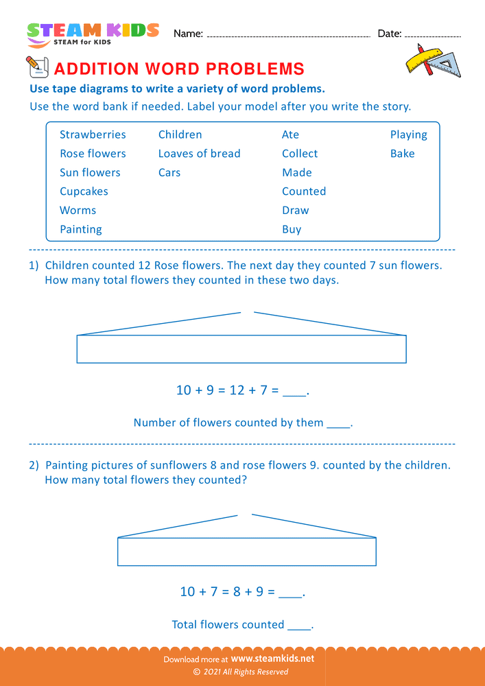 Free Math Worksheet - Using tape diagram - Worksheet 8