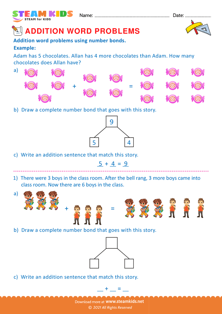 Free Math Worksheet - Word problems using number bonds - Worksheet 1