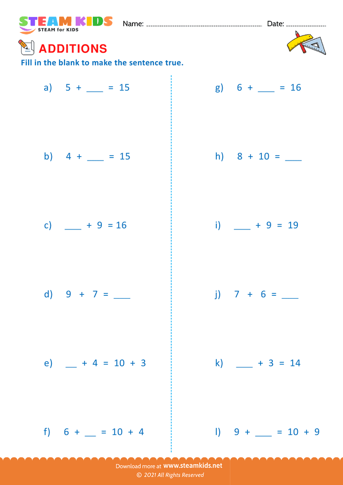 Free Math Worksheet - Additions - Worksheet 3