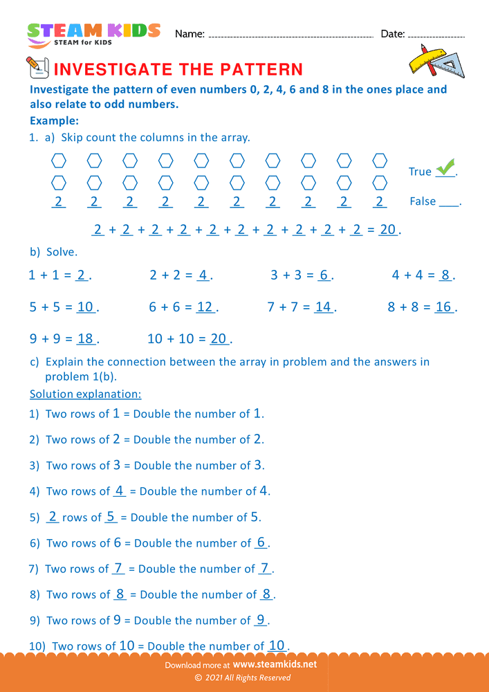 Free Math Worksheet - Pattern of even numbers - Worksheet 1