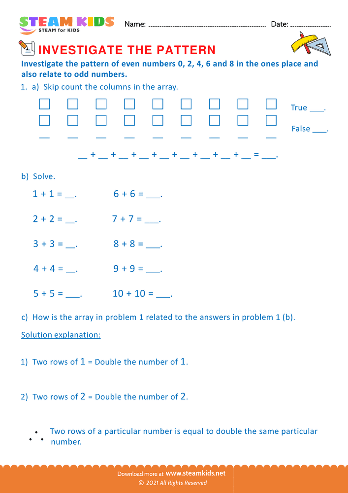 Free Math Worksheet - Pattern of even numbers - Worksheet 2