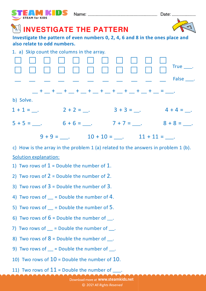 Free Math Worksheet - Pattern of even numbers - Worksheet 3