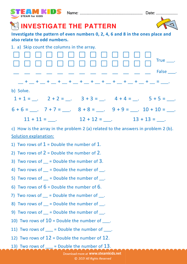 Free Math Worksheet - Pattern of even numbers - Worksheet 4