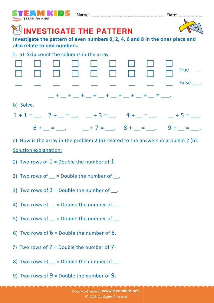 Free Math Worksheet - Pattern of even numbers - Worksheet 5