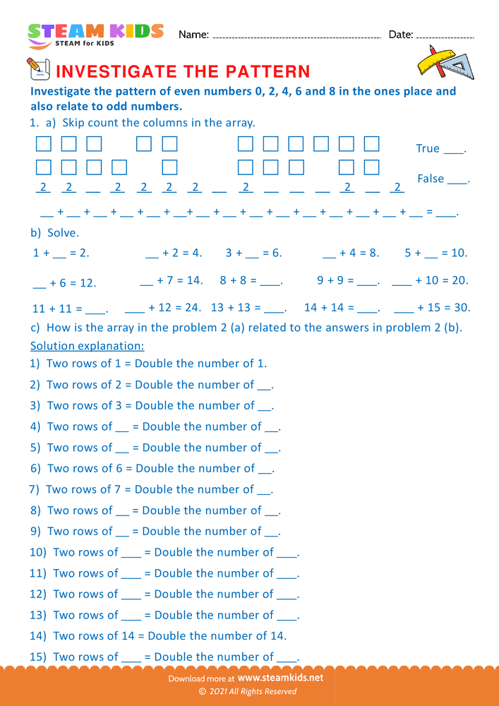 Free Math Worksheet - Pattern of even numbers - Worksheet 6