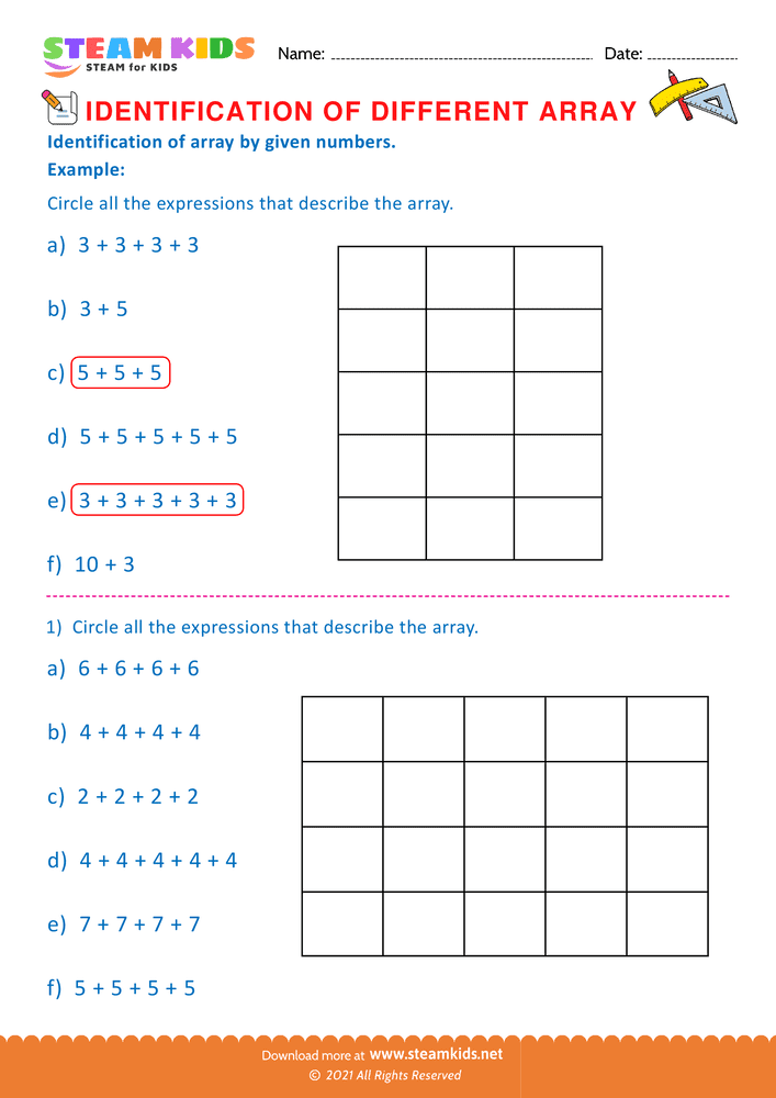 Free Math Worksheet - Identification of Array - Worksheet 1